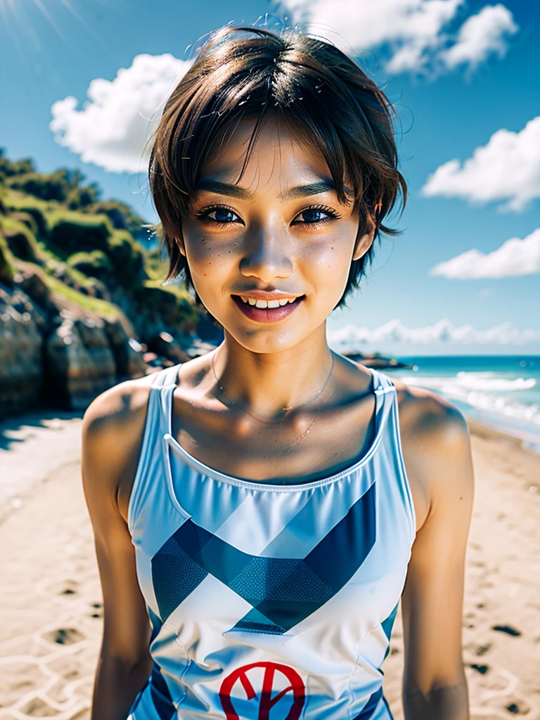 1 person, 1２age, Japanese beautiful girl idol,A shy smile、、 (((She is wearing a fitted orange tank top))), Soft lighting, masterpiece, highest quality, 8K Ultra HD, Digital SLR, Film Grain, Photorealistic Painting Art for the Fujifilm XT3 by Midjourney and Greg Rutkowski,Full body shot,Black pixie cut hairstyles，(((Facing forward ))),Healthy Body,(((Beach)))