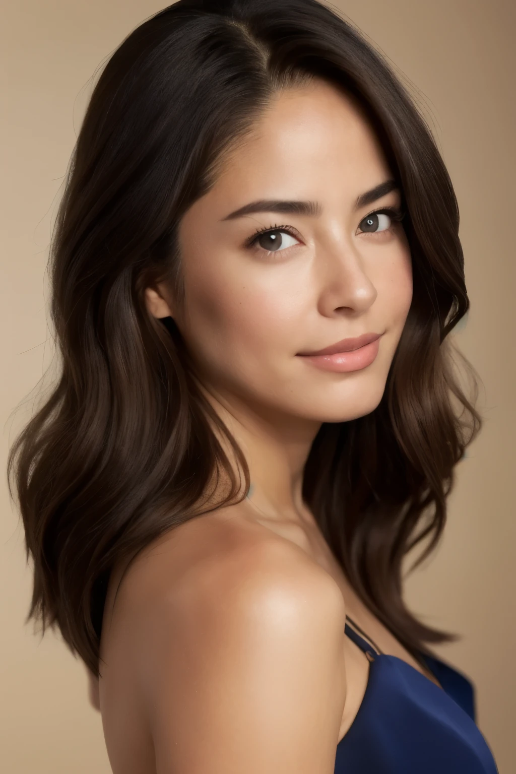 (photorealism:1.2), photo-realistic, hd, 4k, woman,  Sofía Vergara, 19-year-old, natural tan skin tones,  no makeup,  shoulder-length dark brunette hair, bright blue eyes, full lips that curve into a subtle smile, front view,

