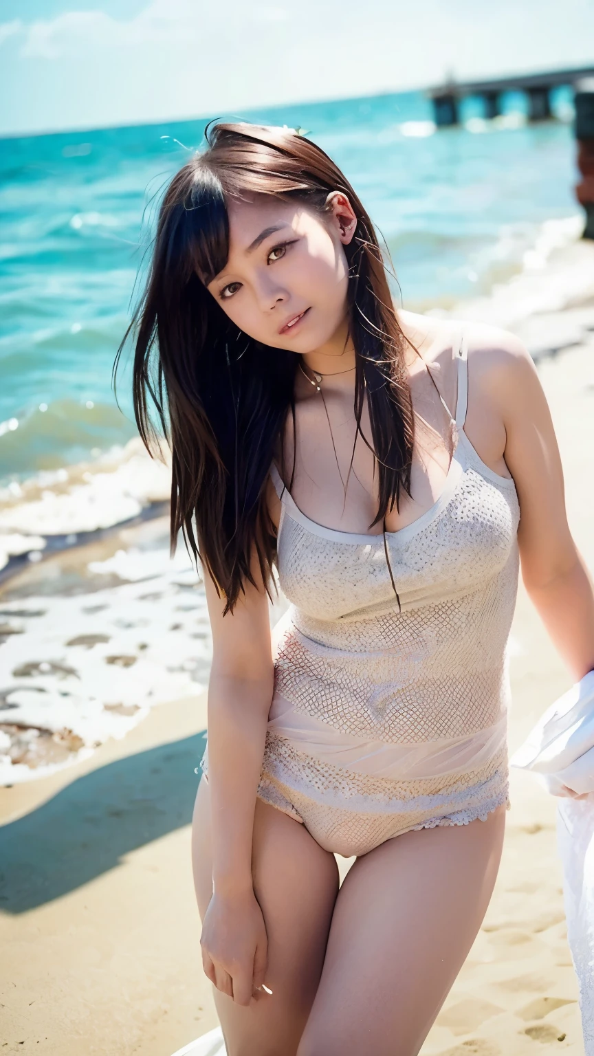 asian beauty white lace see-through underwear realism The whole body enters nipple protrusion at the beach camel toes