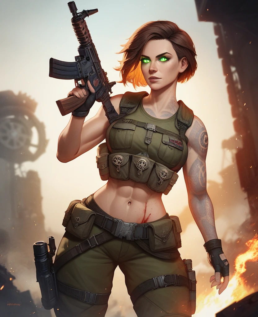 Gere uma imagem  detalhada da personagem Mara, also known as 'Mara Death Dealer', do jogo Call of Duty: Guerra moderna. Describe its appearance, corpo inteiro, fisionomia cruel, micro bikini, na praia, sol poente, palmeiras, corpo escultural, flowing hair, ((metralhadoras, Granadas, gold accessories)), personalidade cruel