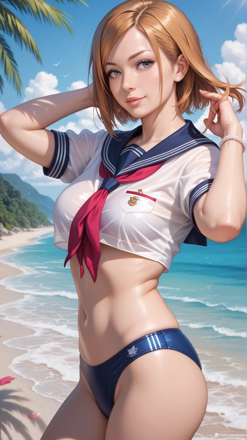 (masterpiece:1.2, highest quality), Very detailed, (Realistic, photoRealistic:1.4), Beautiful illustrations, (Natural Side Lighting, Cinema Lighting), Written boundary depth, ((From below ))
Beautiful Hair, Beautiful Face, Beautiful details, Beautiful clavicle, Beautiful body, Beautiful breasts, Beautiful thighs, Beautiful legs, Beautiful fingers, Slender and perfect style, Toned Abs、belly buttonピアッシング、
View your audience, 1 girl, Japanese, Idol sculpture, high school girl, Perfect Face, Cute and symmetrical face, 
(((short hair)), blonde), blue eyes, Realistic pupils, Long eyelashes, (Large Breasts, Thin and slim thighs), Sunburn, Glowing Skin, Accentuate your cleavage, 
((Sleeveless navy sailor shirt, Open Front, belly button, Navy sheer micro mini skirt, Red Sailor Scarf), choker, Wrist Chakra, hair band, White string panties, High leg bikini), Camel Toe、
(Beautiful views), Tropical Beach, (Mr.々Sexy poses), (Cute Smile, Upward glance), 