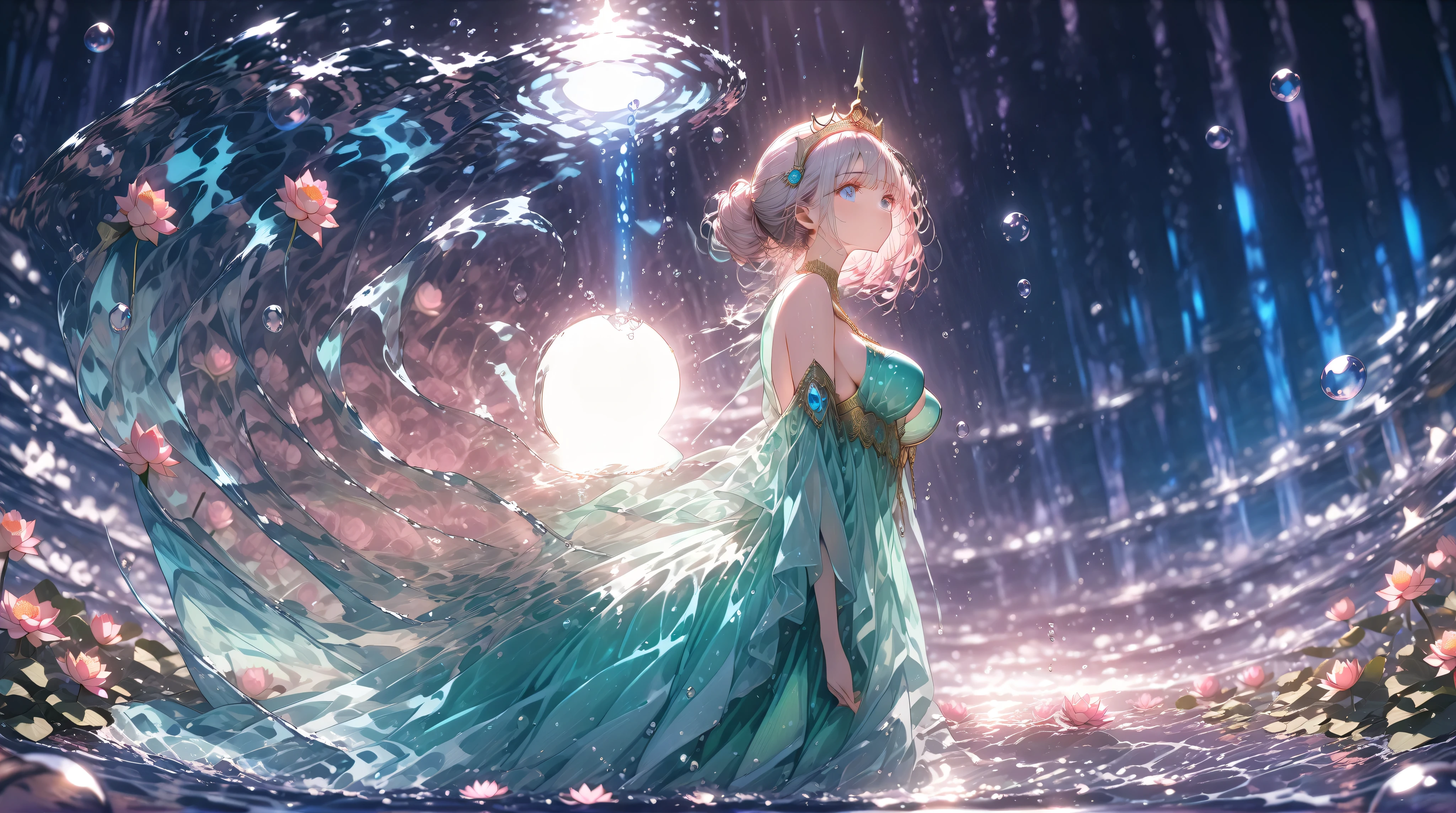 ((masterpiece, HD ,8k)),(( very detailed , perfect picture with roses)),(perfect anatomy),(ultra detailed),((cowboy shot)),(under water),ISIS,empress,tiara,pink and green dress,((from side,facewoward,turning the face and body to the left)),( looks up),Bubble,(Lotus flower),(( one adult woman)),adult,(slender), white hair,god々Shii,(Two Moons),Moonlight,(hime_cut),((seiza)),((Embrace the light)),((sound)),emphasizes breasts, blue eyes,Female,