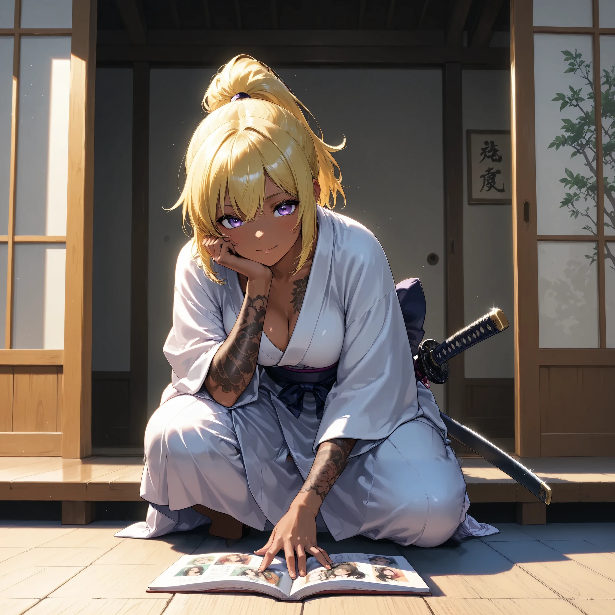 A beautiful samurai holds a Japanese sword、Action Painting 、 ponytail、 yellow hair 、 brown skin 、 Continue Reading 、 Japanese kimono、 perfect face、 masterpiece, anatomically accurate, top quality, textured skin, full body tattoo /Japanese carving/、 Movie Light Effects, Animated Screenshot