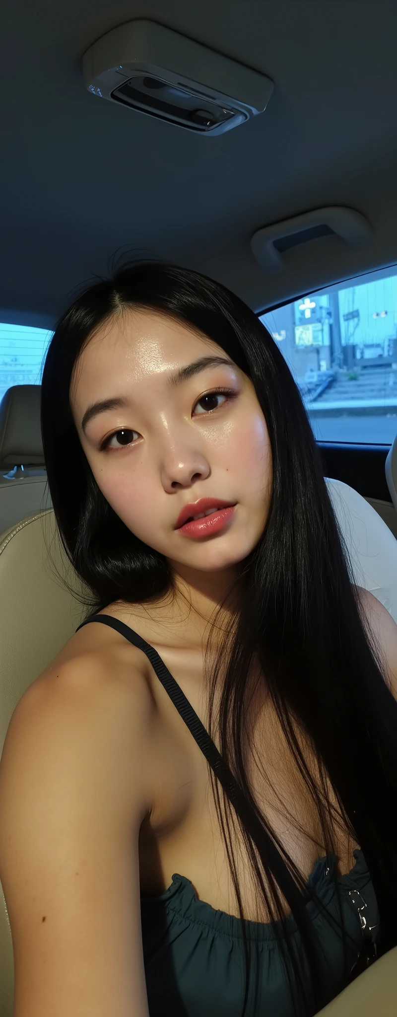 , 1 girl , Selfie, from side, foto tirada por uma Canon A490 (A495) , focus eyes, Korean, smile1.0, dentes alinhado, thin , squashed eyes, big eyes, fringe separated on the right side , youthful appearance , black hair , details eyes , iluminação media, Iris , smile, round face, youthful appearance , sitting on the edge of the , vintage aesthetic , cute face, full lips, long hair, volumoSo hair, luz media , luz Environment, agenda :night , reflexo no Environment, Environment focado, looking for , Environment:sentada no banco do carro, dentro do carro,