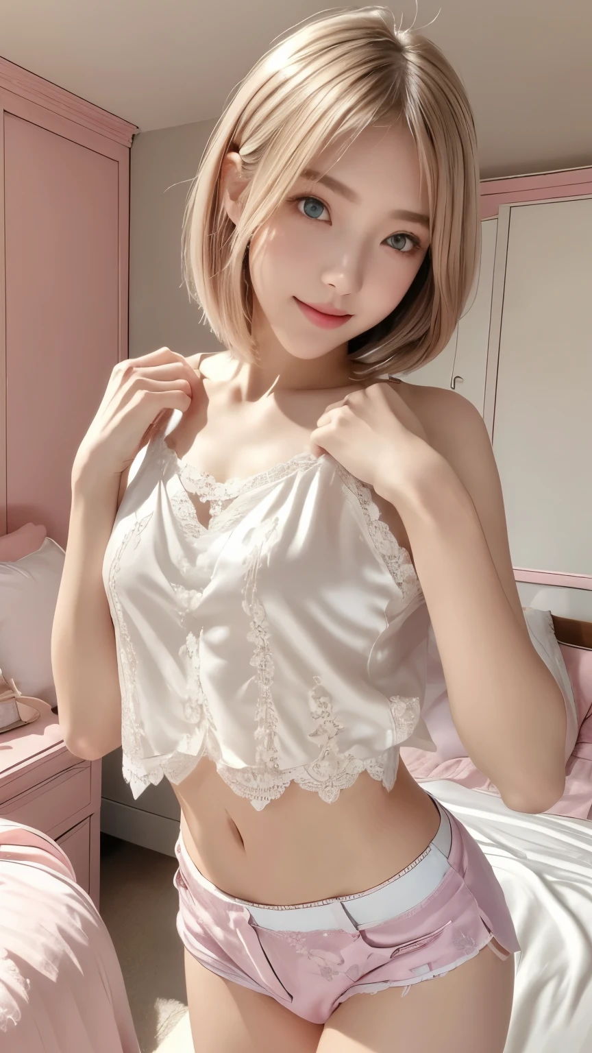 22 year old white female、hair color is blonde、hair is shiny、blue eyes、Her hairstyle is a bob cut with fringe.、accessories on wrist、wearing a necklace、has earrings、skin is smooth、Slender but muscular body、smile、She is wearing a one-shoulder top with sheer frills that shows her lower breasts.、Relaxing on a luxurious bed in a luxurious building、Wearing high-leg, transparent shorts、smile