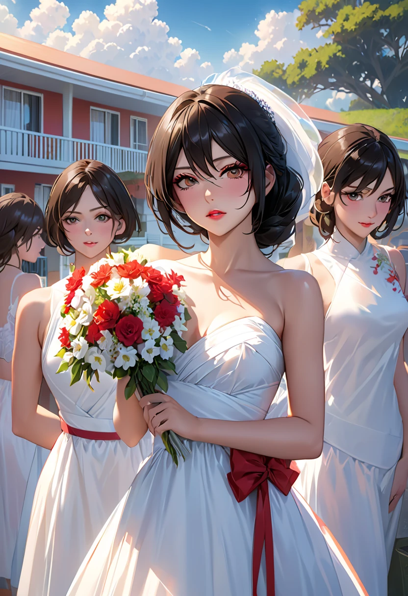 Helen Parr with huge breasts in a micro bra and lace wedding dress with veil and bouquet in a park in New York 