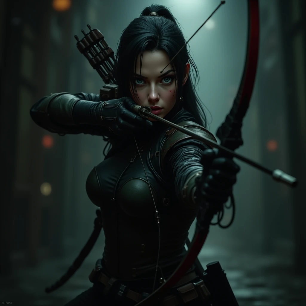 (best quality,ultra-detailed),A lifeless body inserted with two katanas,killer(sexy 19-year-old elf girl)leaning on the corpse dressed as a ninja,killer gaze(intensely furious eyes),dark mysterious background,smokey atmosphere,exquisite attention to blood details,sharp focus on the swords,deadly stance,studio lighting,vivid colors,bokeh,photorealistic,horror,sharp shadows,faint moonlight,cold-toned color palette,gritty and intense lighting effects