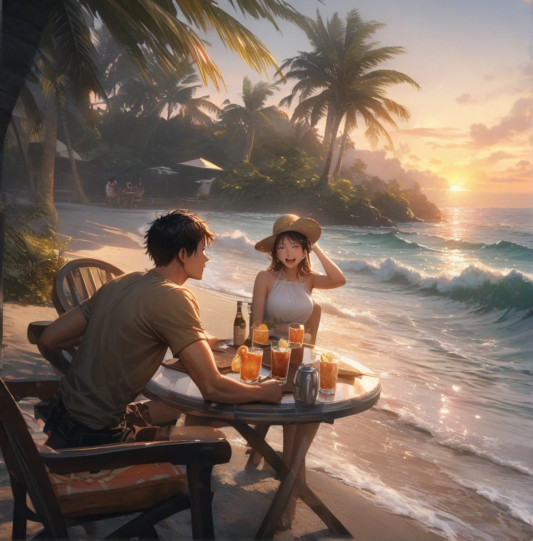 Picasso oil painting style,Coconut Tree,ricefield,doggy,two women,Cooking smoke in the distance,the setting sun