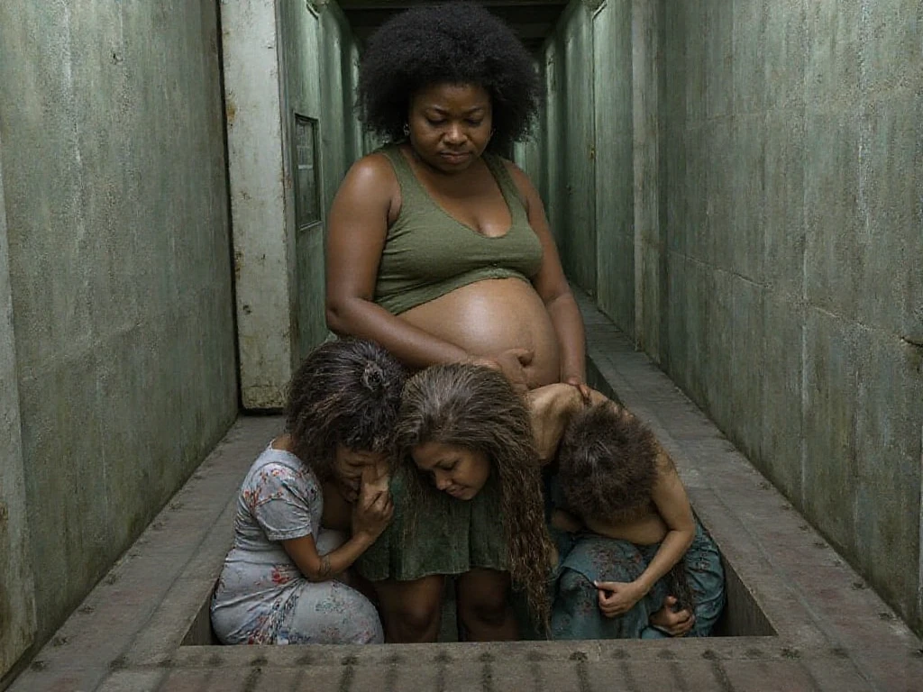 - "A Brazilian man standing in a prison cell surrounded by twenty women of various ages, some holding babies and others visibly pregnant. The scene is vibrant and lively, showing a sense of family and growth despite the prison setting