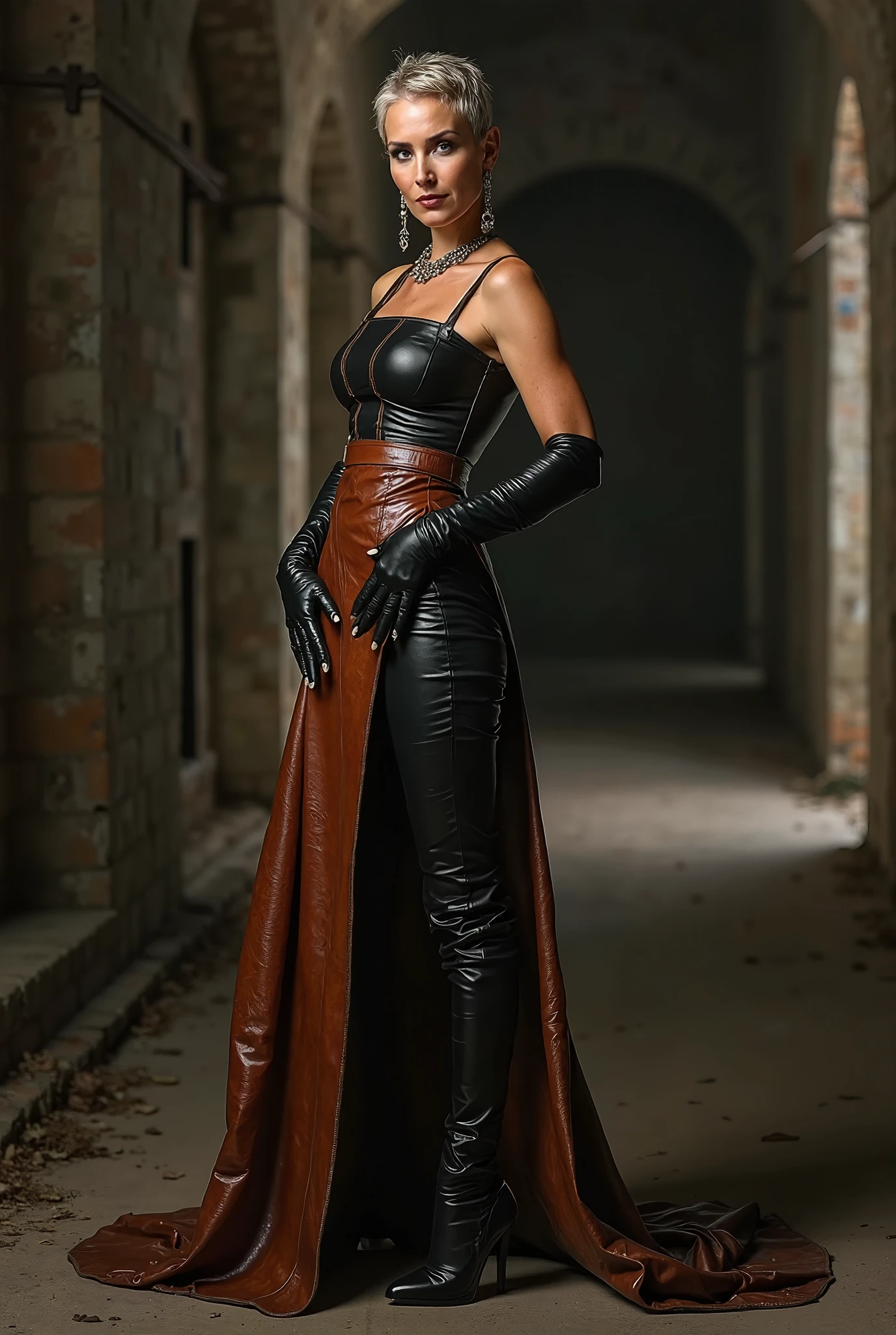 Carrie-Anne Moss mit smokey-eyes und dunkelroten lippen, mit Handtasche aus Lack, she has a very beautiful face, She wears a red patent dress and very long patent crotch-high boots, ist ist im Wald