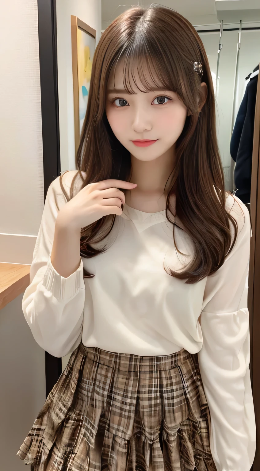 hight resolution,masutepiece,Best Quality,Extremely detailed, hyper realisitic, girl with, Sitting, Put your hands on your knees, hair wavy, A smile, black pleats skirt, White oversized shirt,looking at away, profile, Very beautiful,Cute, 8K Wallpaper, Fine detail, Very detailed 8k wallpaper