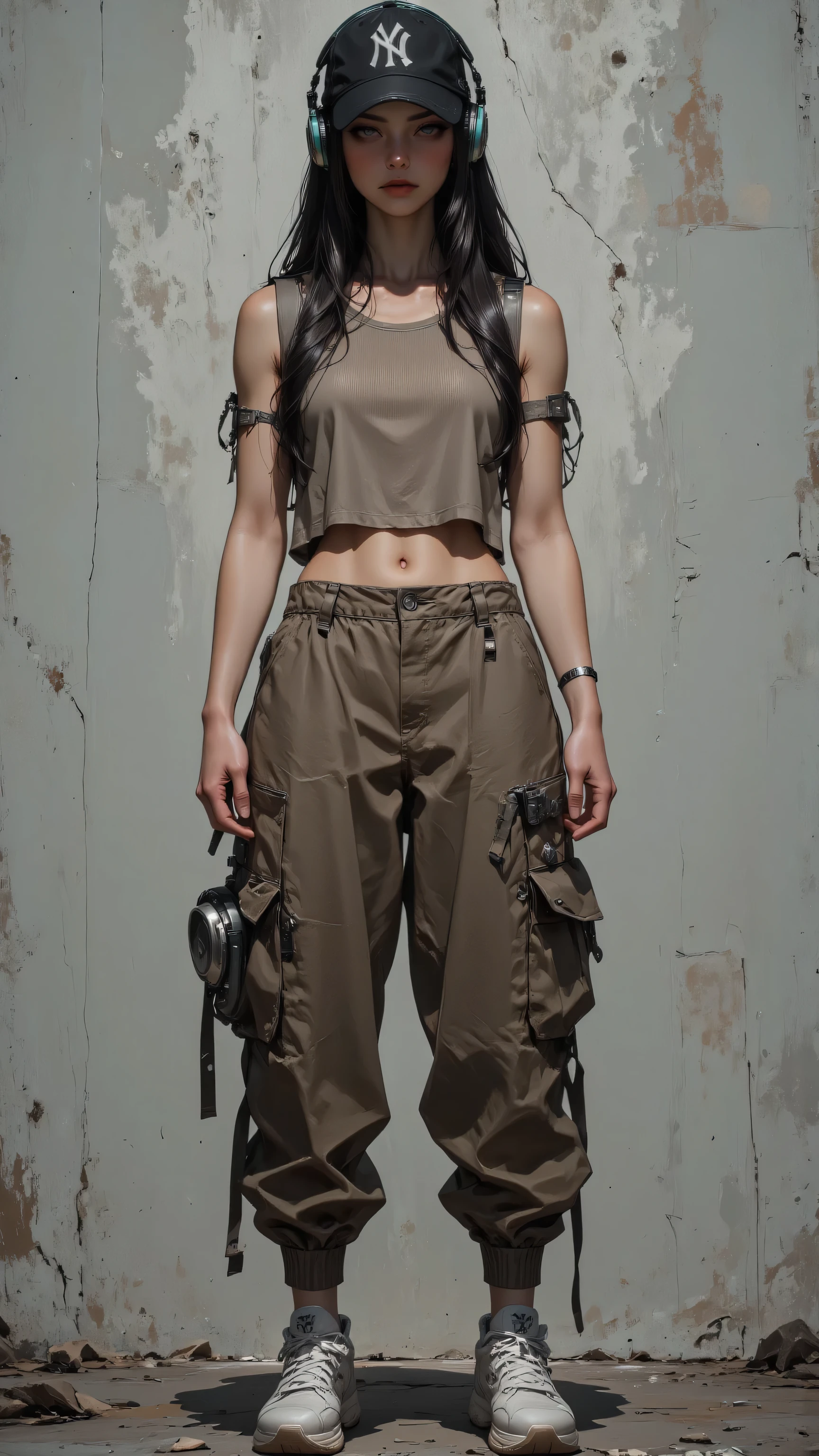 8k, Masterpiece, Top Quality, woman, long dark hair, taupe cropped tank top, loose cargo pants, taupe, white sneakers, black baseball cap, NEW, over-ear headphones, casual, edgy, gray wall, textured, even lighting, soft.