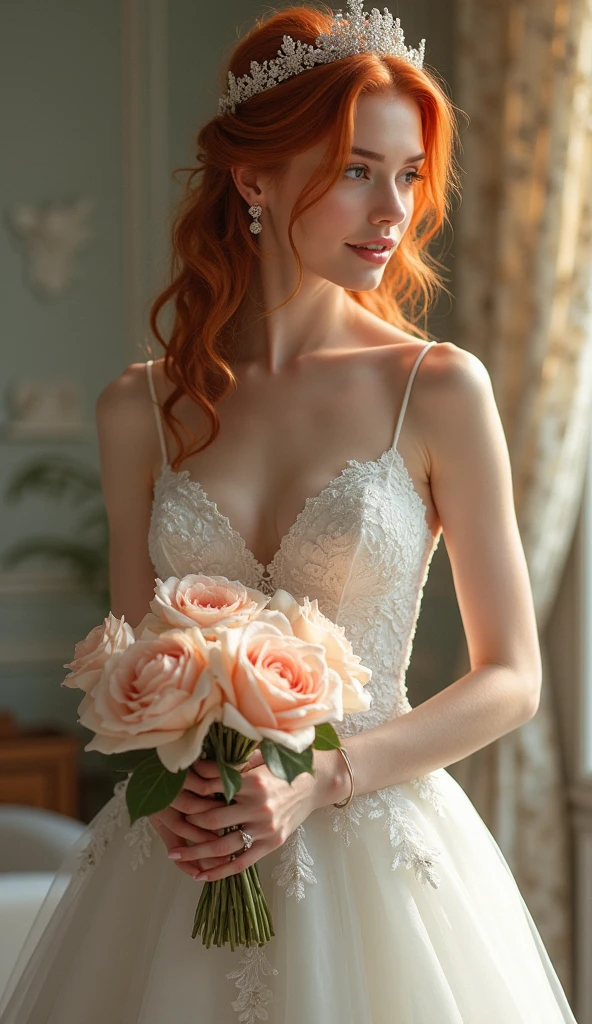slim white woman with light red hair in wedding dress wedding in the countryside at sunset bouquet of white and red tulips