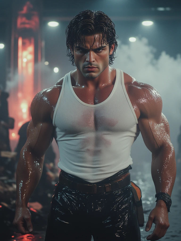 muscular man, angry face, holding wooden staff, loose clothes, black shirt with white stripes, photo-realistic, cinematic lighting, ultra-detailed, highly realistic, dramatic, epic, cinematic, dark and moody, chiaroscuro, dramatic lighting, 4k, 8k, masterpiece, hyper-detailed