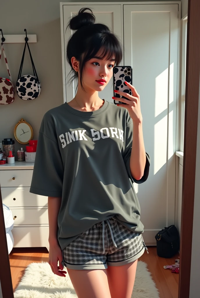 cute Japanese girl, 18 years old, with a cute face, sitting in a white T-shirt without inscriptions, you can see her beautiful breasts, nipples in the T-shirt, nipples standing, against the background of the kitchen, crooked hair