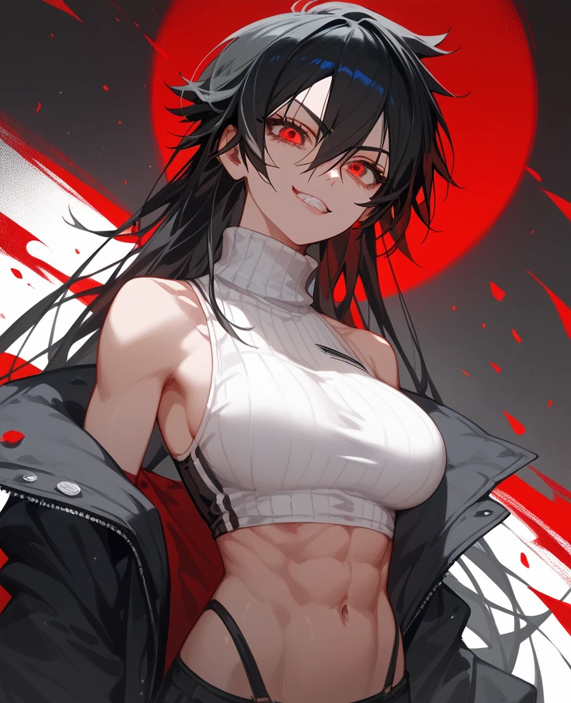 Solo. Creepy, terrifying muscularly lean girl with messy curly black hair, big , thick muscular thighs, a sharp jawline, crazy red eyes, metal wires joining his seperated upper jaw and lower jaw, Jeff the killer's mouth, muscular forearms, sharp shark-like teeth for teeth, pale white skin, red eyes on her body, wearing a fit white hoodie and black tracksuits, eating a lung, in a black background. Cannibalistic. Floating red eyeballs. Horror. Her name is Cannaria, 17 year old. Blood