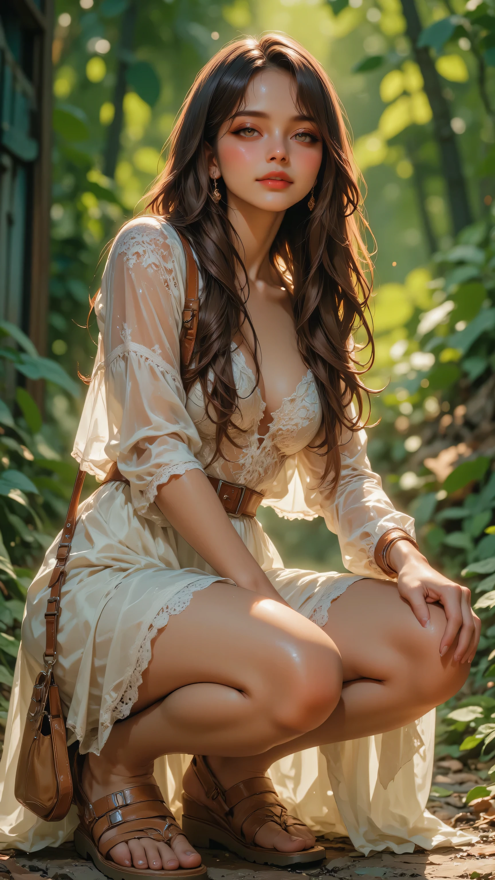 8k, Masterpiece, Top Quality, Close-up, low-angle, woman, long brown hair, smiling, light-colored dress, lace, sheer, undergarments visible, tan sandals, crouched, relaxed pose,  green background, blurred, daytime, soft focus, brown bag.