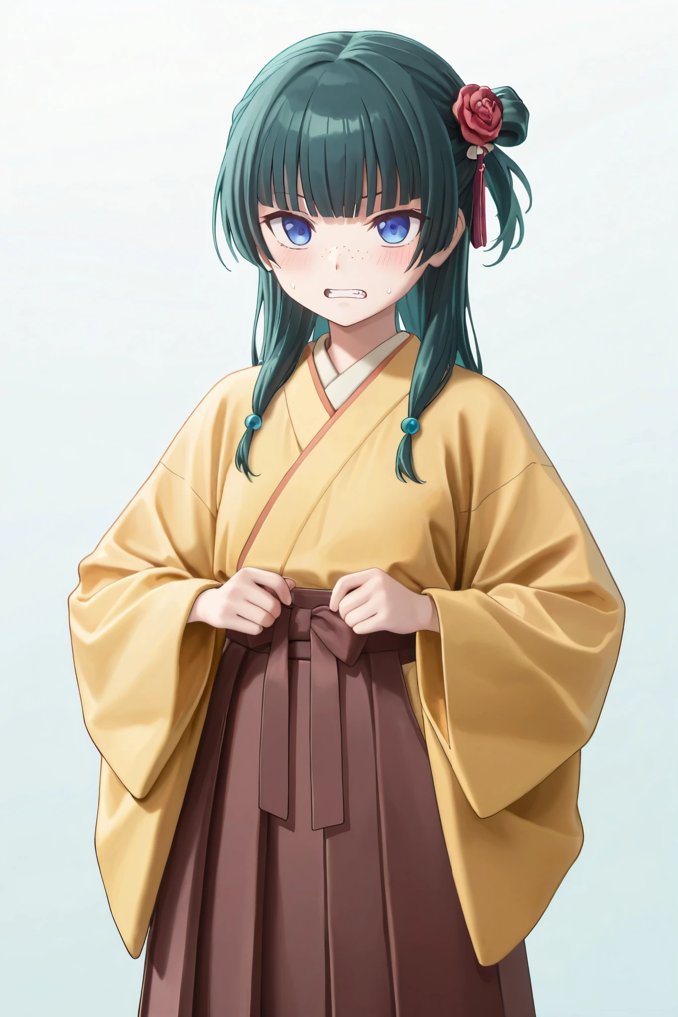 Anime girl with green hair and blue eyes in a yellow kimono - SeaArt AI