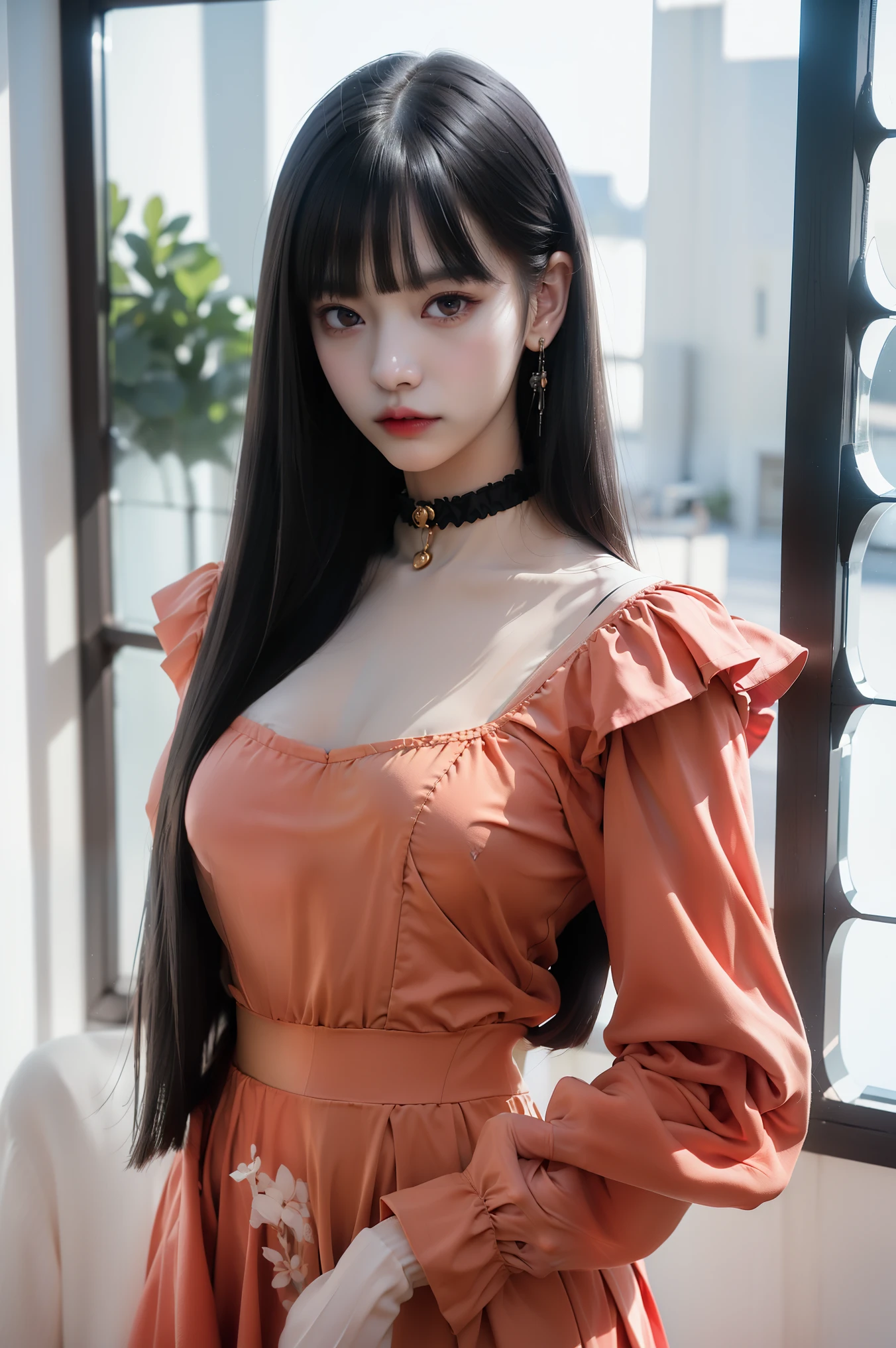 10-year-old girl with long red hair, different eyes, Pale skin, big breasts,Wear a short black dress with a bright pink blouse., little smile,With a more elegant and sophisticated touch., Something that matched her mysterious and strong personality.. overall, Her appearance must be outstanding., It attracts curious and amazed eyes., Flat chested, movie light, Chromatic aberration, Backlight, Masterpiece, Highly detailed, High quality, 4k.