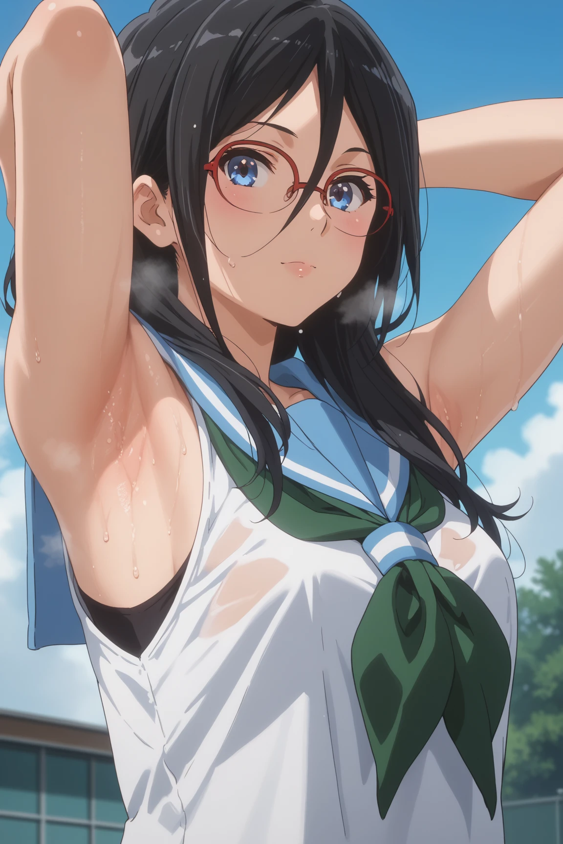 One girl,18-year-old,Perfect hands, Perfect Fingers,Perfect Anatomy, masterpiece, highest quality,Realistic, hyperRealistic, 16K HDR,, morning, short hair, Black Hair, blue eyes, (Glasses), (See-through green sailor uniform,Ultra mini skirt:1.3),Outdoor,Are standing,(Sweat:1.1),(Smile),Big Breasts,Cleavage,Erect nipples,(Sexy pose,Spread your legs:1.2),From below,belly button,