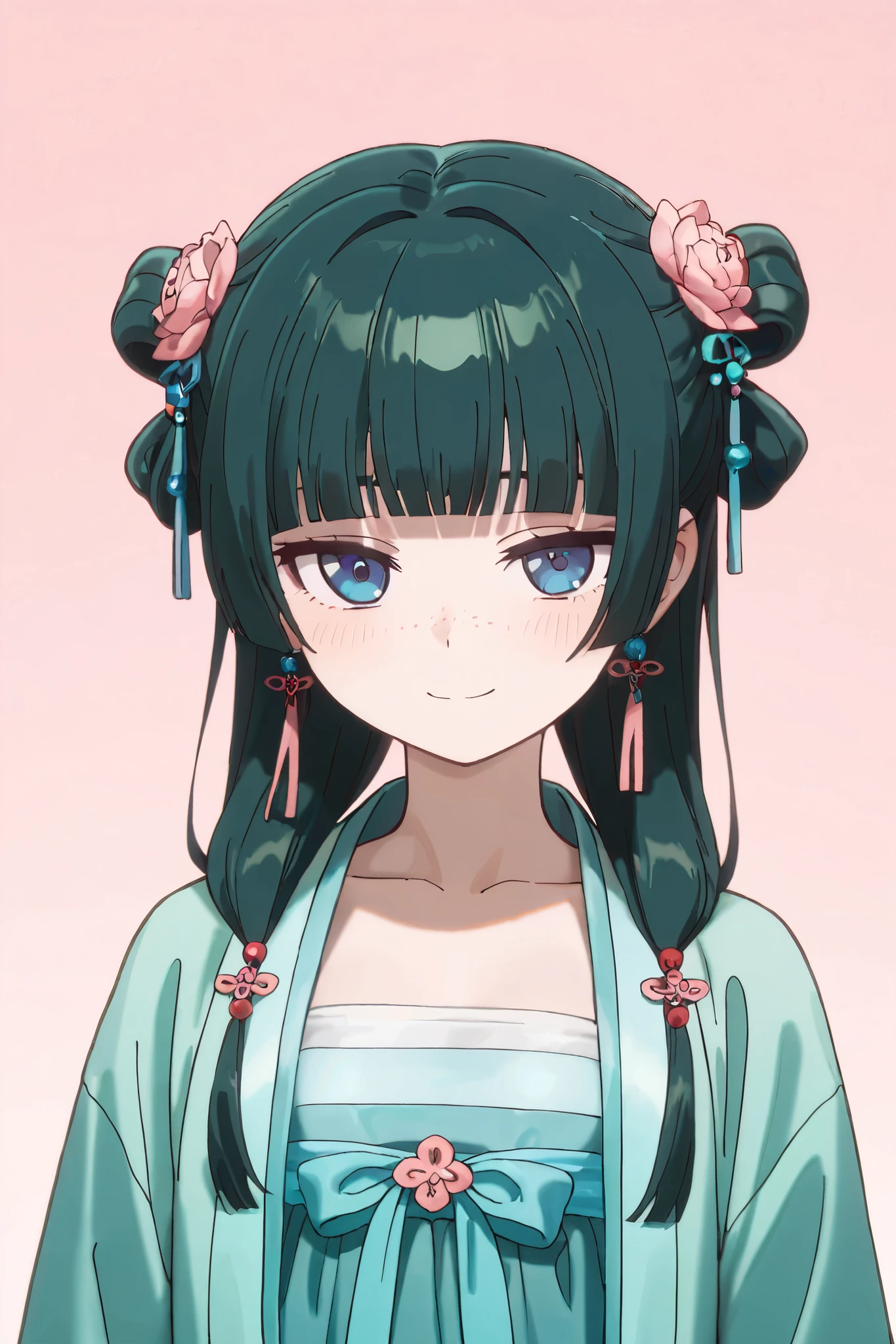 NSFW,masterpiece,Highest quality,high resolution,very detailed,Cat\( one by one person at the drugstore\),long hair、bangs、 blue eyes、hair ornaments close to the garden、 green hair、鈍いbangs、 freckles、 bun hair, single bun,Hanfu,Chinese clothing,maid,Bad Smile