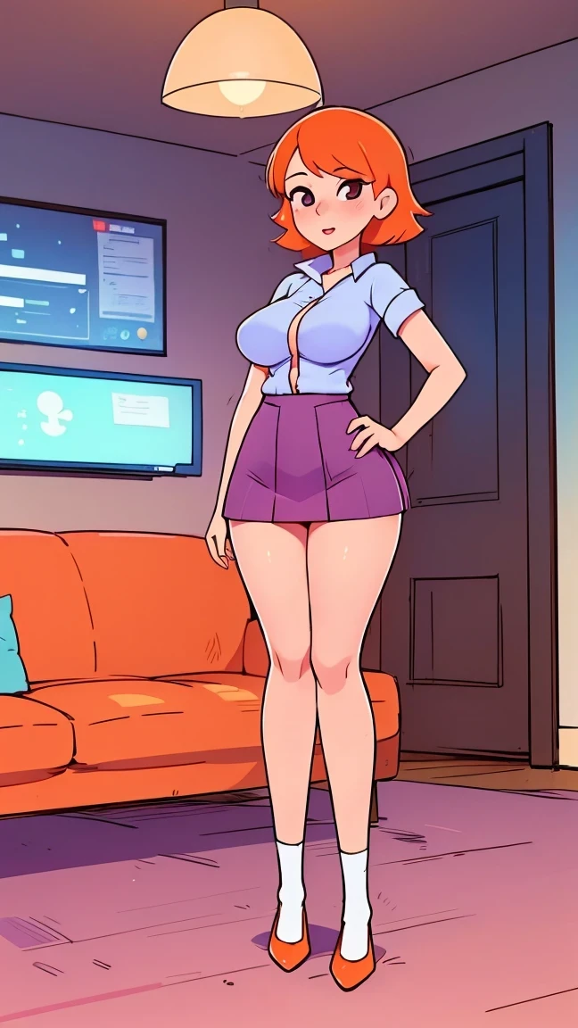 a girl sexy attractive beautiful cool popular short orange hair disheveled cut light red lip wears long light blue button shirt sensual curves and a short purple miniskirt pair short blue socks legs white heel she is frozen inside a pink crystal paralyzed in a laboratory