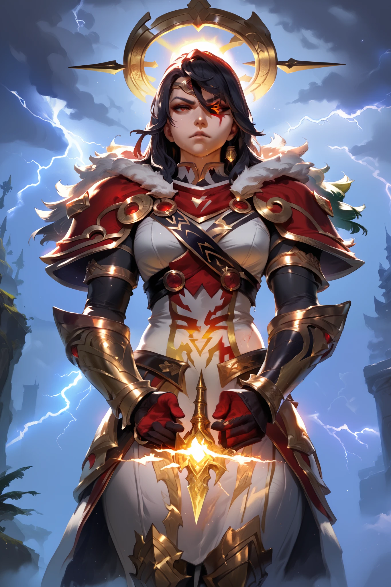 score_9, score_8_up, score_7_up, masterwork, masterpiece, best quality, dynamic lighting, game poster, 5 figures, Zeus center with white flowing hair, gold crown, lightning bolt raised, white toga with gold trim, electric aura, Odin left with eyepatch, long silver hair, raven feathers on dark leather armor, Gungnir spear thrust forward, cybernetic arm glowing, Thor right with wild red hair, Mjölnir hammer swung high, fur cape billowing, silver armor scratched, Amaterasu top with gold kimono, Yata no Kagami mirror reflecting light, radiant sun halo, long black hair, Aphrodite bottom with golden curls, seashell crown, white dress clinging wet, rose in hand, seductive pose, stormy battlefield backdrop, cracked earth with glowing fissures, swirling dark clouds, lightning strikes, golden game title "Mythic Clash" arched above, blood-red subtitle "Gods of Eternity" below, epic clash, dramatic poses, mist curling at edges.