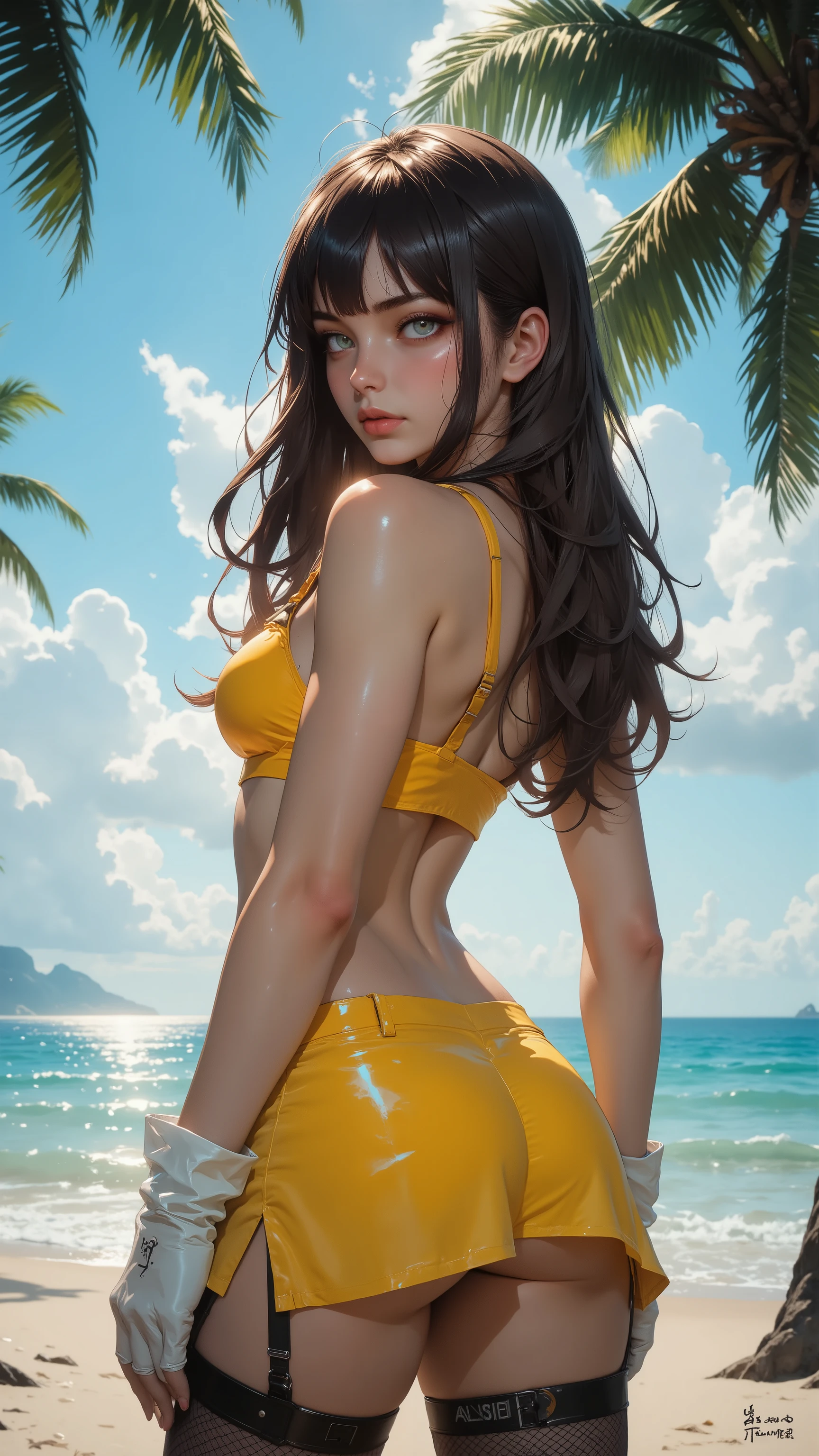 Arafed woman in a yellow bikini posing on a beach - SeaArt AI