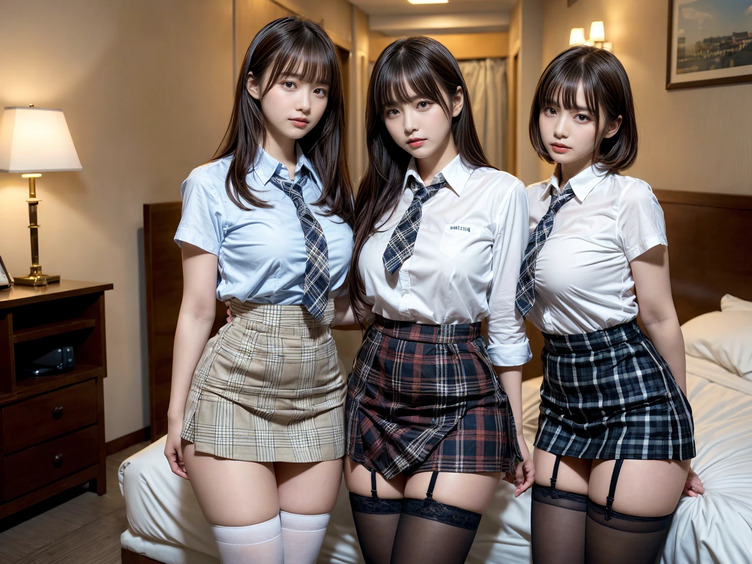 nsfw, Extreme idol group、three young japanese women、Twin tails、Slightly larger, super detailed idol face、White collared blouse| (Complete outfit with open sides), Bare Chest、A soft, slender body、Light pink nipples、A rolled up tartan mini skirt、Ultra detailed white panties:1.2, Attractive thighs、Black short socks、Brown leather loafers