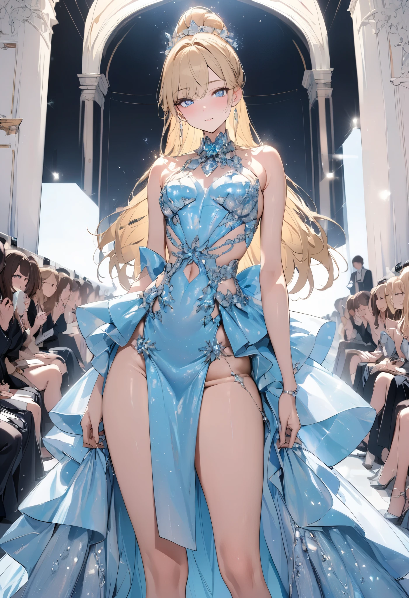 ((Best quality, 8k, Masterpiece: 1.3)),(high detailed face, high detailed eye), super detail, Sharp focus A beautiful woman, Slim abdomen, Fashion shows, runway, catwalk, supermodel, glittering costume, luxurious costume, light blue dress, Paris Fashion Week, blonde hair, long hair, looking at viewer, put her hands on her hips and take a pose