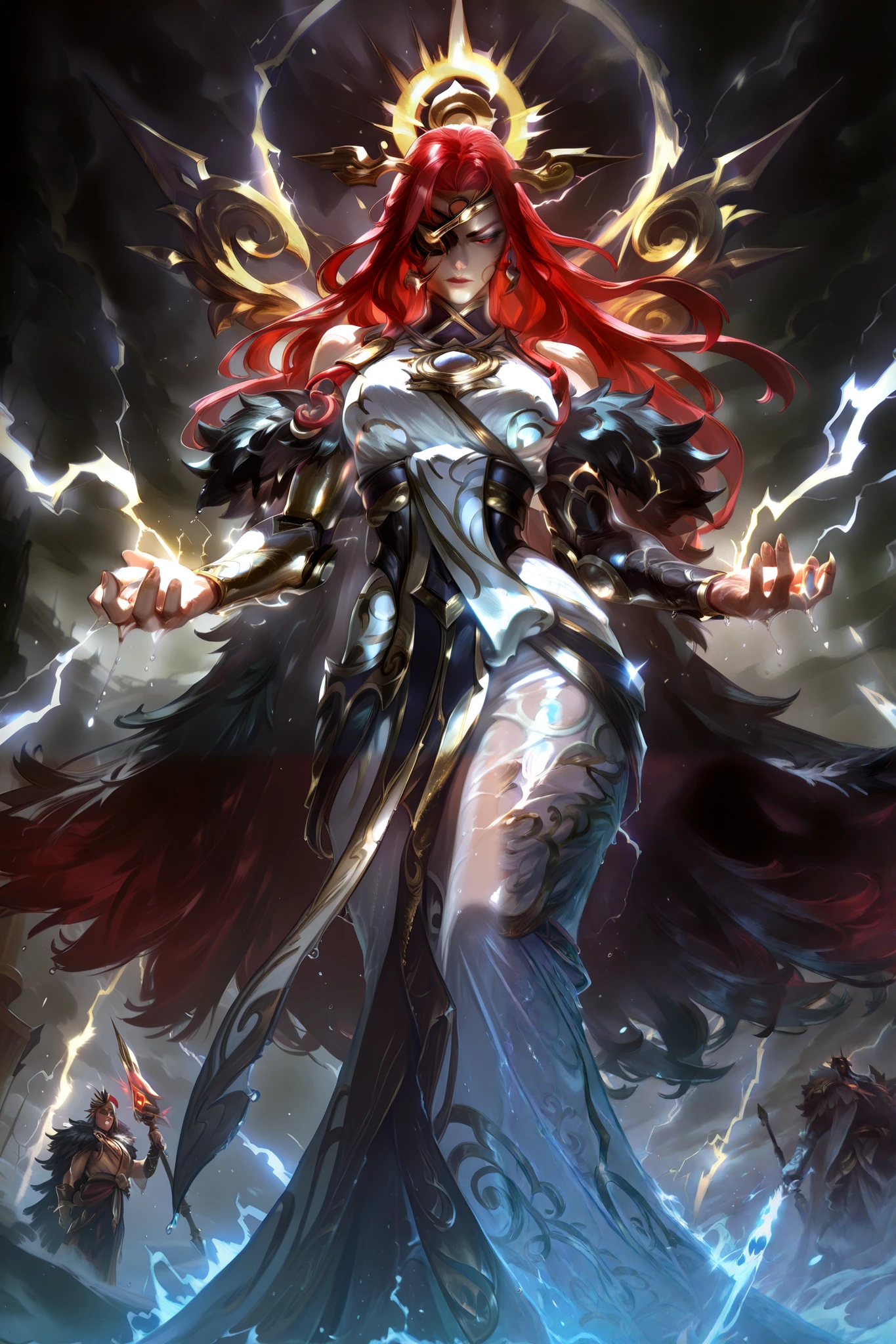 Masterwork, masterpiece, best quality, dynamic lighting, game poster, 5 figures, Zeus center with white flowing hair, gold crown, lightning bolt raised, white toga with gold trim, electric aura, Odin left with eyepatch, long silver hair, raven feathers on dark leather armor, Gungnir spear thrust forward, cybernetic arm glowing, Thor right with wild red hair, Mjölnir hammer swung high, fur cape billowing, silver armor scratched, Amaterasu top with gold kimono, Yata no Kagami mirror reflecting light, radiant sun halo, long black hair, Aphrodite bottom with golden curls, seashell crown, white dress clinging wet, rose in hand, seductive pose, stormy battlefield backdrop, cracked earth with glowing fissures, swirling dark clouds, lightning strikes, golden game title "Mythic Clash" arched above, blood-red subtitle "Gods of Eternity" below, epic clash, dramatic poses, mist curling at edges.