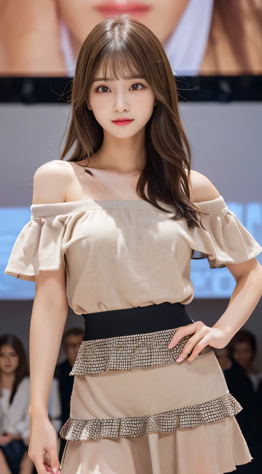 (realistic, best quality, ultra high resolution, Highly detailed eyes and face:1.3),(1 woman, alone:1.3),skirt,bijouterie,long_hair,necklace,earring,(pantyhose:1.2),perfect body,standing,big bust,upper body,split,looking at viewer,(wide hips,small_waist),off shoulder_dress,