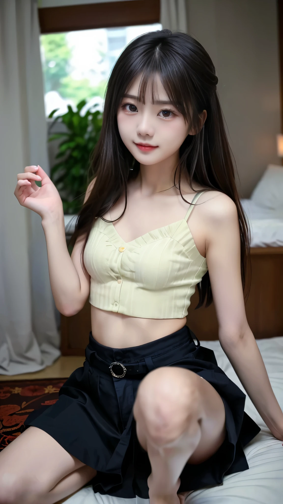((Highest quality, 32K, high resolution, masterpiece:1.5)), Drawn in abstract style, Fantastic Portrait , ((Dreamy pastel colors)), Alaf asian woman sitting on bed, A young and cute girl, Wearing a cute top, gorgeous Chinese model, Nice young girl , かわNice young girl , Japanese model, gorgeous young Korean woman, Korean girls, Slender Girl Model Pictures, beautiful asian girl, asian girl, open v-neck clothes , Highest quality、Greatest Masterpiece、best image quality、 reality、ultra high definition、( detailed hands:1.3, perfect right hand:1.2)、( detailed legs:1.3, Perfectly correct legs, thinner thighs:1.3、 beautiful feet:1.2), tight waist、 small nice ass、ribbons、