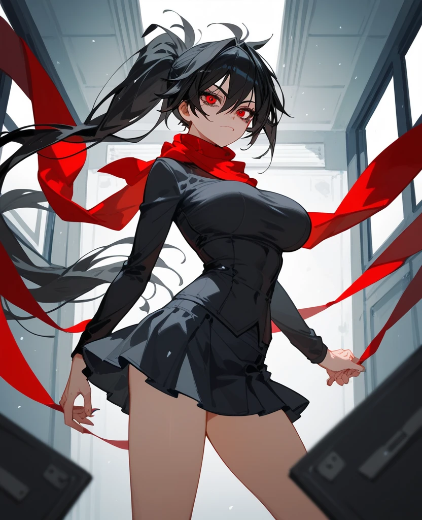 masterpiece, best quality, frlgsabrina, blunt bangs, very long hair, black hair, black bodysuit, red crop top, red sleeves, red skirt, white gloves, black pantyhose, large breasts, looking at viewer, from side, hallway, front view
