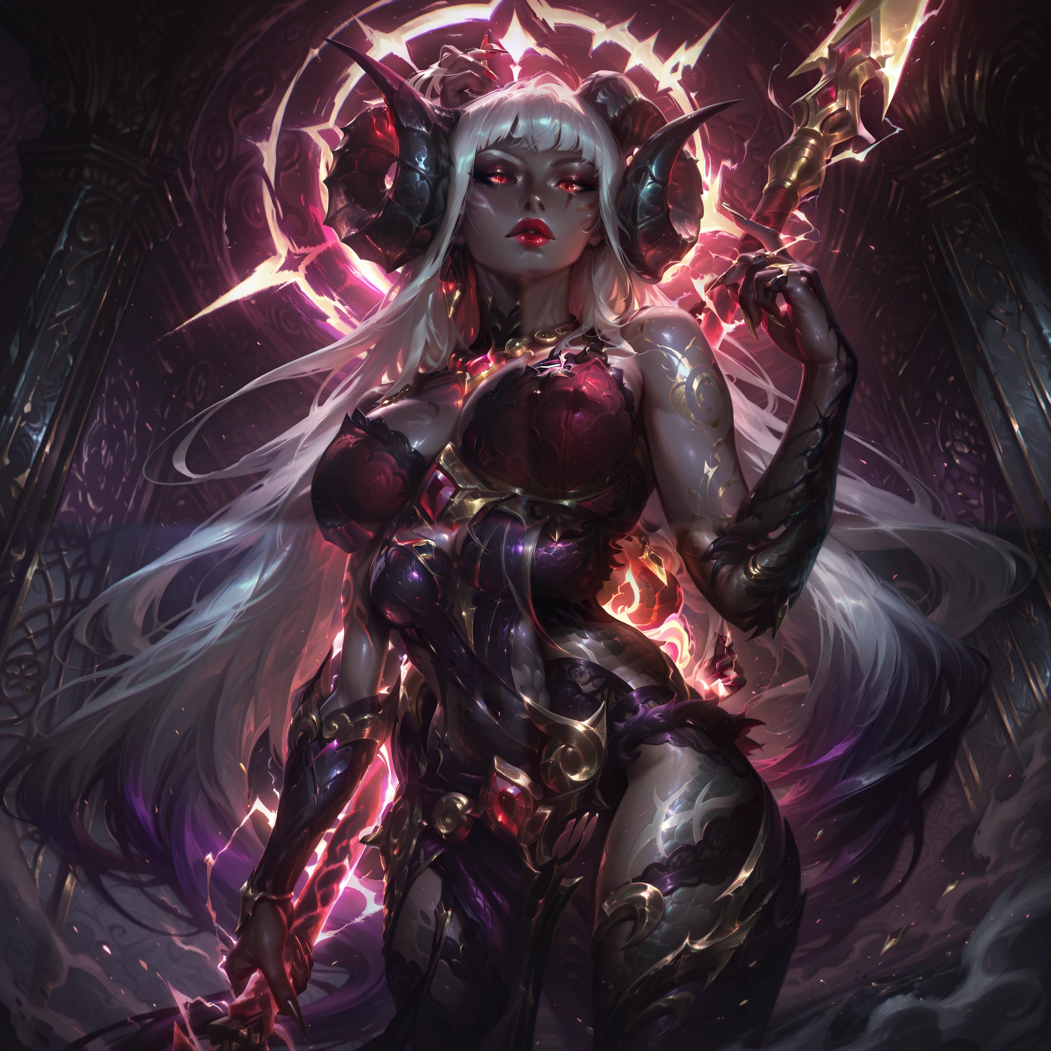 masterwork, masterpiece, best quality, dynamic lighting, game icon, 1girl, dark grey skin, black lizard-scale skin, sheep horns curved, short white hair with bangs, red eyes glowing, puffy glossy red lips, white tattoos swirling, big natural breasts, necklace with gem, yellow polished very long nails, sexy lingerie with lace, fierce pose, glowing red aura, Zeus with lightning bolt raised, Odin with Gungnir spear crossed, Thor with Mjölnir hammer swung, Amaterasu with Yata no Kagami mirror shining, Aphrodite with rose twirling, circular stormy backdrop, crackling lightning, vibrant gold and purple hues, sharp bold outlines, "Mythic Clash" in jagged gold font below.