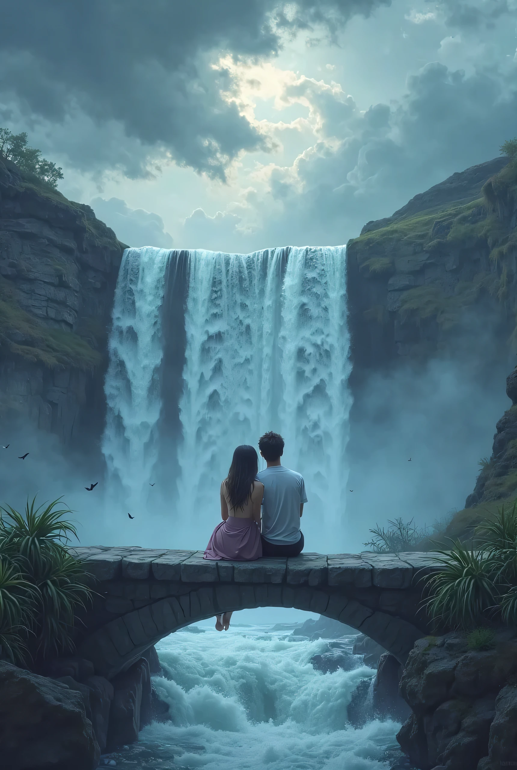 Pretty twins sitting facing each other on a rock and waterfall and nice beautiful landscape 4k