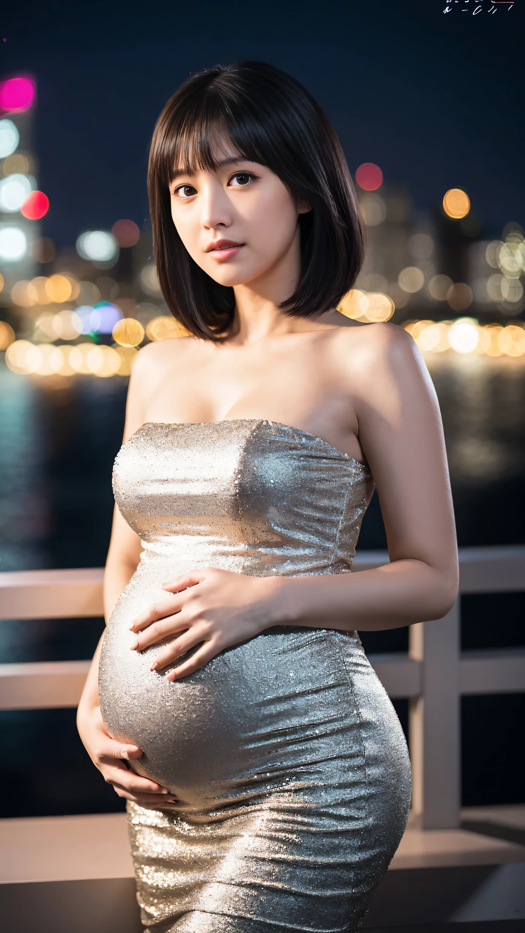 Highly detailed CG unity 8k wallpaper, Top quality, Super detailed, Masterpiece, Realistic, photograph realistic, Very detailed cute girl, 25 years old, Round eyes, peeping at the viewer, Semi-body shot, Night, Short hair, Put your hands on your stomach,pregnant woman,dress,standing