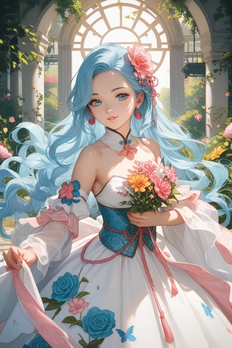 Paint an image of a woman with long flowing hair standing in a vibrant garden. Depicted in a Japanese anime, she wears a floral white off-the-shoulder special frilly dress and holds a bouquet of colorful flowers. Her head is adorned with a wreath made of various large flowers. Countless butterflies flutter around her, and the background is filled with pink flowers and greenery.