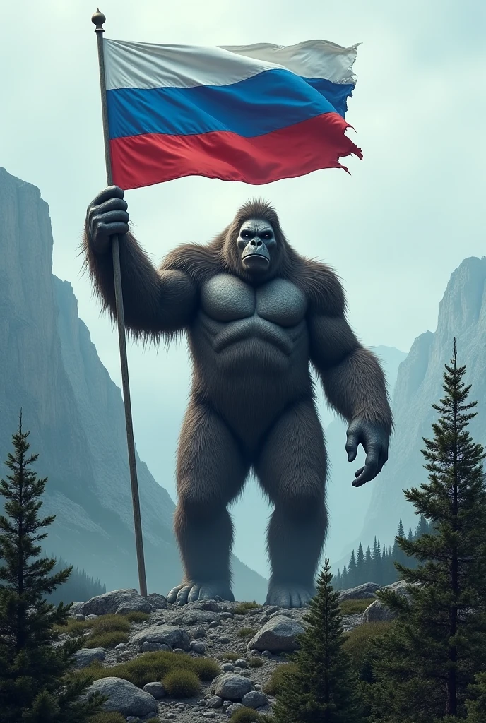 Create an image that has a gorilla with a red and white flag with the words 2nd year of Bradesco Foundation written on it.
