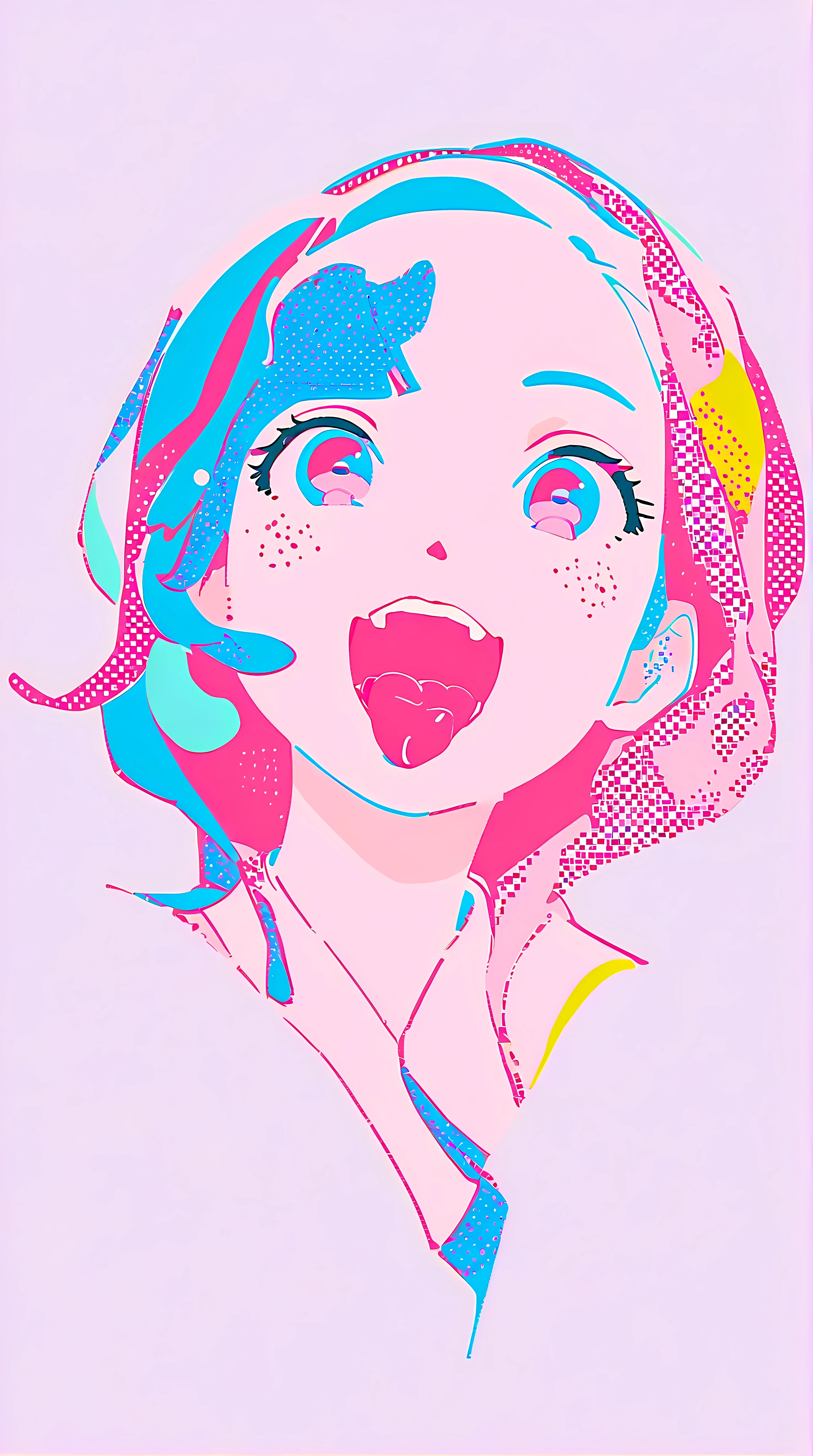 1 girl, stick out your tongue, naughty face,,, A line drawing, flat illustration style with thin lines and only three colors, drawing art,,,vivid colored, Limited Palette, flat color, divided brushstroke, Impressionism, stippling, Pointillism, printing dots, printing noise, halftone style chromatic aberration, graphic design, modernism, (Masterpiece), (High detail), (Best quality), 8k, 4K, Ultra HD, (((3d))), Delicate and Beautiful art,