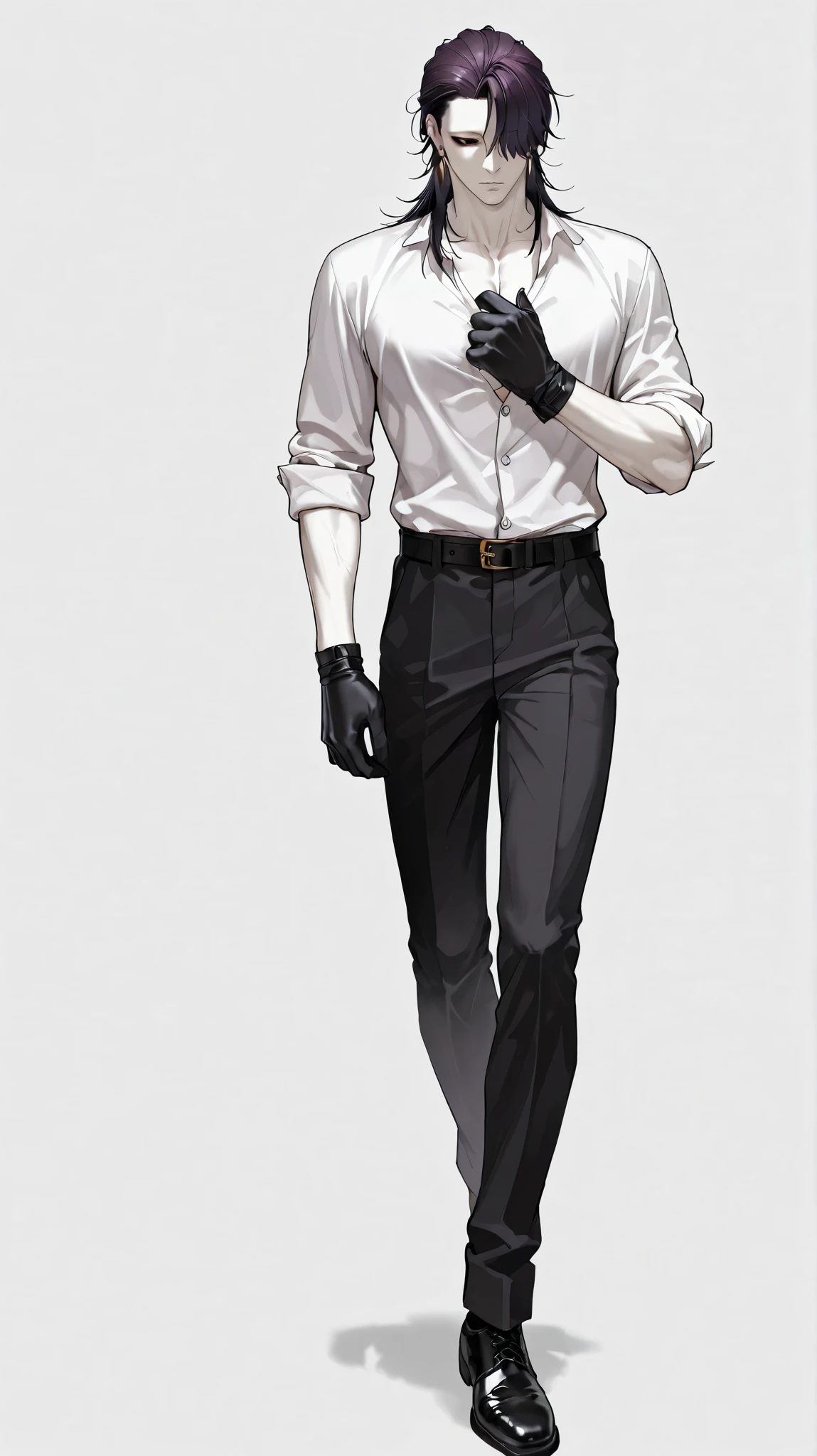 1 boy, fit, handsome, straight hair, very dark purple hair, mullet, earrings, hair covering one eye, no eyebrows, black eye, white pupil, red eyeliner, cold eyes, pale skin, sexy body, muscular body, button up polo shirt, unbuttoned chest, rolled up sleeves, black belt with gold, black pants, black leather shoes, walking, black leather gloves, full body, adjusting gloves, detailed, plain white background