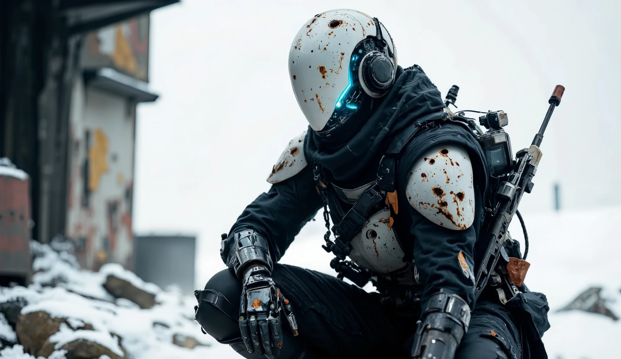 Recypu style, Cyberpunk highly detailed, high-resolution photograph. A futuristic, armored warrior crouching on a gritty,  desolate snow-swept plain. The subject's head is covered by a sleek, metallic  plain helmet  that obscures the face, giving an ominous, robotic appearance. The helmet is adorned with various sensors and neon blue flux core lights flowing, suggesting advanced technology. The warrior's body is clad in a full suit of advanced, high-tech armor, primarily made of a mix of metal and synthetic materials. The armor is heavily detailed with intricate circuits, joints, and mechanical components, indicating advanced robotics and cybernetics merge in biomechanical system. The suit is predominantly black with hints of dark gray and silver, and it is adorned with various pouches, straps, and utility belts, suggesting a high level of tactical gear. The warrior's left hand is extended forward, showcasing a complex, mechanical prosthetic with multiple fingers and advanced articulation. The right hand rests on the knee, also with a prosthetic that appears more organic, possibly biological. A machine gun with a brown handle is sheathed on the warrior's back, adding to the military aesthetic. The background shows an industrial, urban environment with blurred, metallic structures and a gray sky, emphasizing the gritty, post-apocalyptic setting. The overall mood is intense and futuristic. sentinelbot. apoclypse