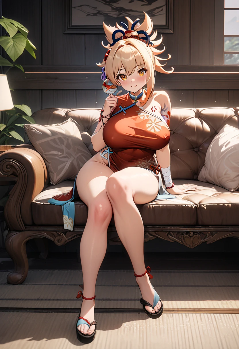 masterpiece, best quality, beautiful art, high resolution, well formed hands, body and fingers, 1 woman, solo, Yoimiya, red makeup, red lipstick,adult, grown up, cosplaying as Mai Shiranui , mai_shiranui_cosplay, adult, large and round breasted, cleavage, full body , hair ribbon, gorgeous legs and, thighs, sexy Japanese clothes, hair ornament , sexy legs , hips and thighs, doing exercise, warming up, working out, sexy and captivating training, smiling joyfully and happily , looking at the viewer, , sweating , bouncing breasts, bikini thong, training montage session, beach environment