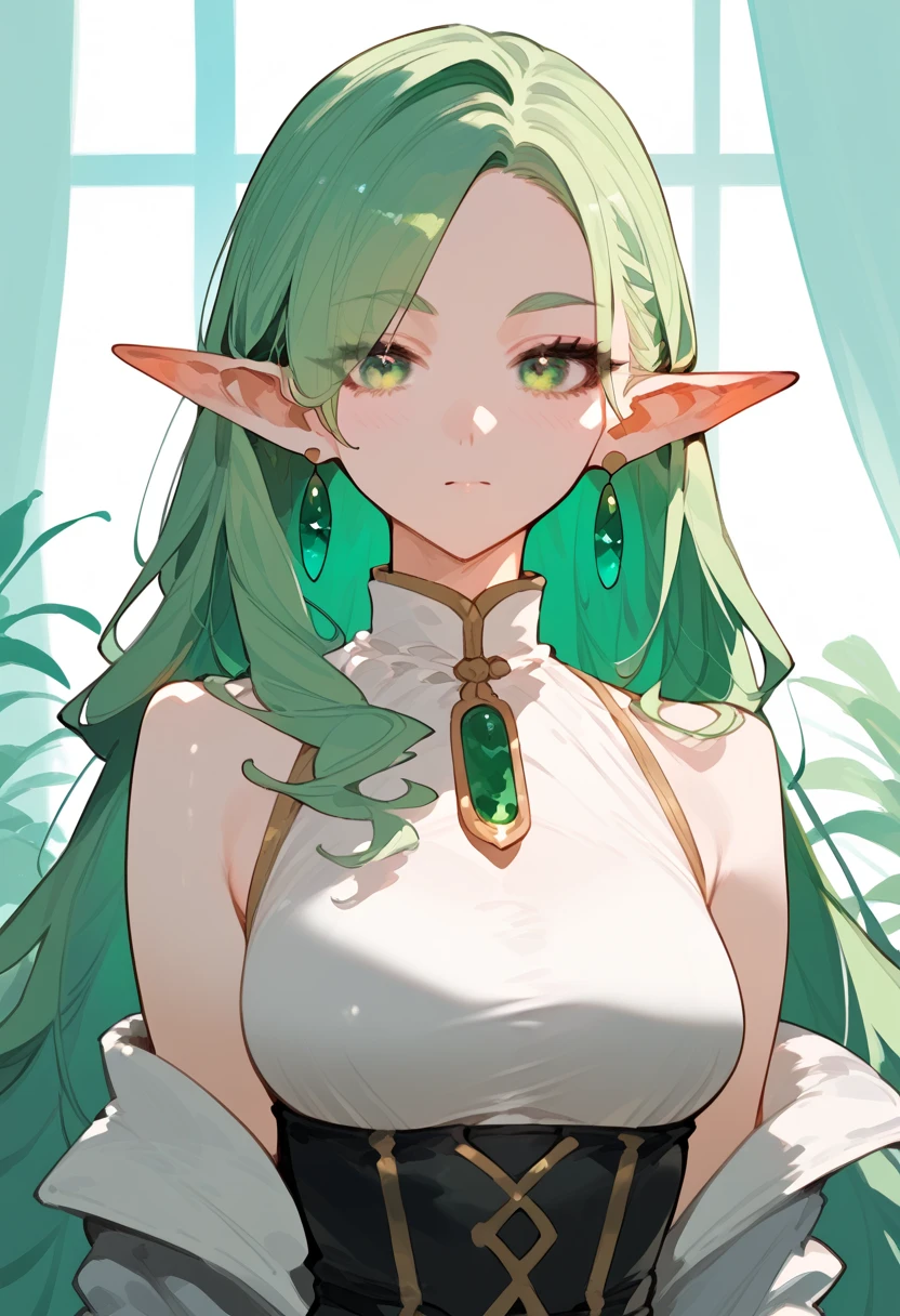 Elf female, feminine look, sexy hair, green outfit, leaves around body, swirling air movement, wide angle, full body view, loose fabric, geometric shapes, small breasts, sherbet, persimmon, up-do hair, Bauhaus, geometric shapes