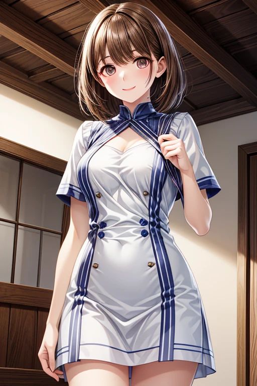 Indoor Hospital, 1 Female Soloner, /(nurse uniform/) /(brown long hair/) french braid, ((((vulgarity)))), (masterpiece best quality:1.3) Delicate illustrations ultra-detailed high resolution, (1 woman,flat chest,very skinny:1.2),covered erectile nipples,panties aside,