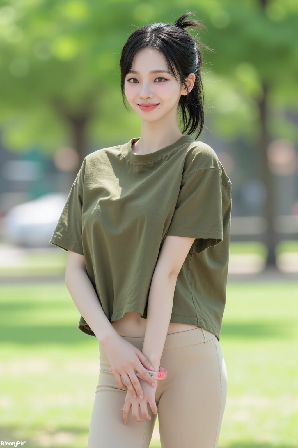 (masterpiece, best quality:1.1), (8k, raw photo, photo realistic:1.2, f22), (shiny skin), detailed skin,long hair,ribbon,detailed face, detailed eyes,smile,BREAK, real world, intricate details, smil, BREAK, 1girl, full body,(short sleeve,camouflage,pants)BREAK, (park:1.4)