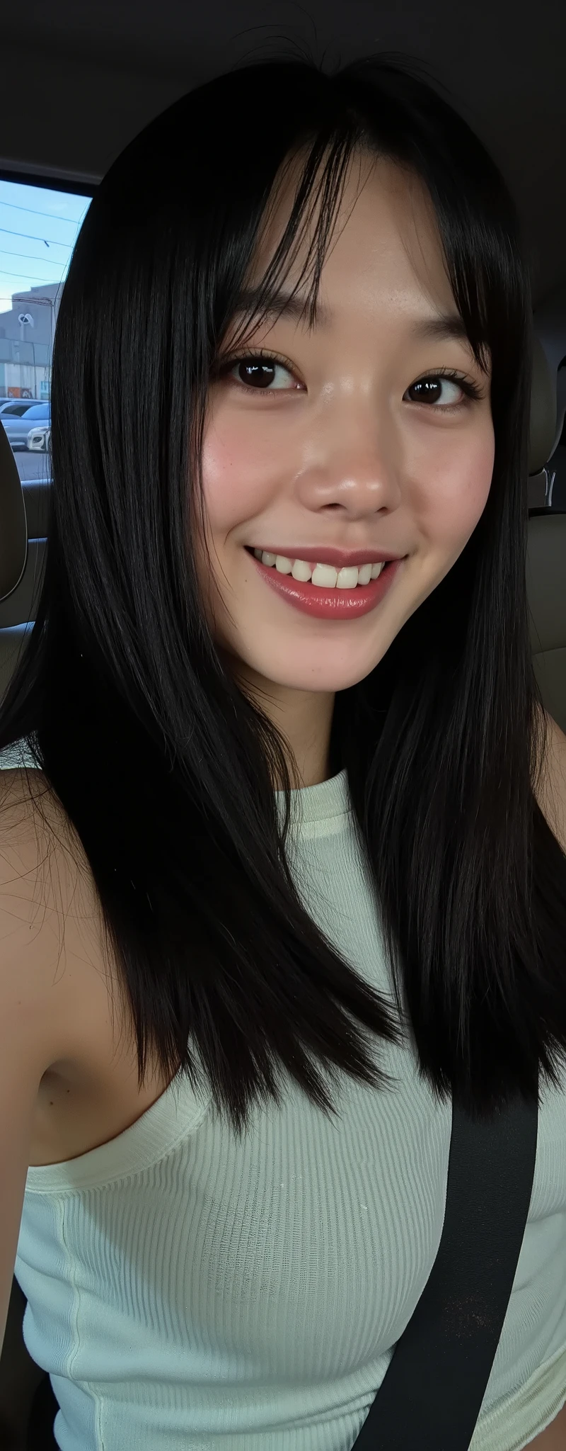 , 1 girl , Selfie, from side, camera distante,  foto tirada por uma Canon A490 (A495) ,  Korean, smile1.0, dentes alinhado, thin , squashed eyes, big eyes,  fringe separated on the right side ,  youthful appearance , black hair  , details eyes , iluminação media, Iris ,  smile, round face,  youthful appearance ,  sitting on the edge of the  ,  vintage aesthetic , cute face,  full lips,  long hair, volumoSo hair, luz media , luz Environment, agenda :night , reflexo no Environment, Environment focado,  looking for , Environment:sentada no banco do carro, dentro do carro,  
