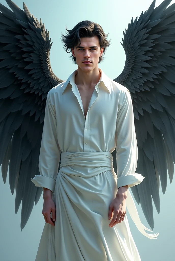 A white man with black-haired angel wings in a social cut with white angel wings, white shirt, high, focus, looking at the camera 