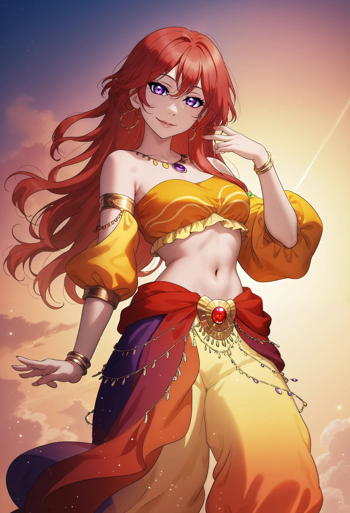Female, red hair, purple eyes, looking at viewer, seductive smile, thin torso, narrow waist, wearing a sunset-inspired dancer outfit, layered flowing skirt with warm gradient colors (yellow, orange, and red), off-shoulder crop top with golden embroidery, sheer sleeves, golden accessories, and bracelets. Her pose is dynamic and enticing, as if mid-dance, with one hand gracefully lifted and the other resting on her hip. The background is a sunset-lit open-air stage with a warm breeze flowing through her hair, creating an ethereal and mesmerizing effect