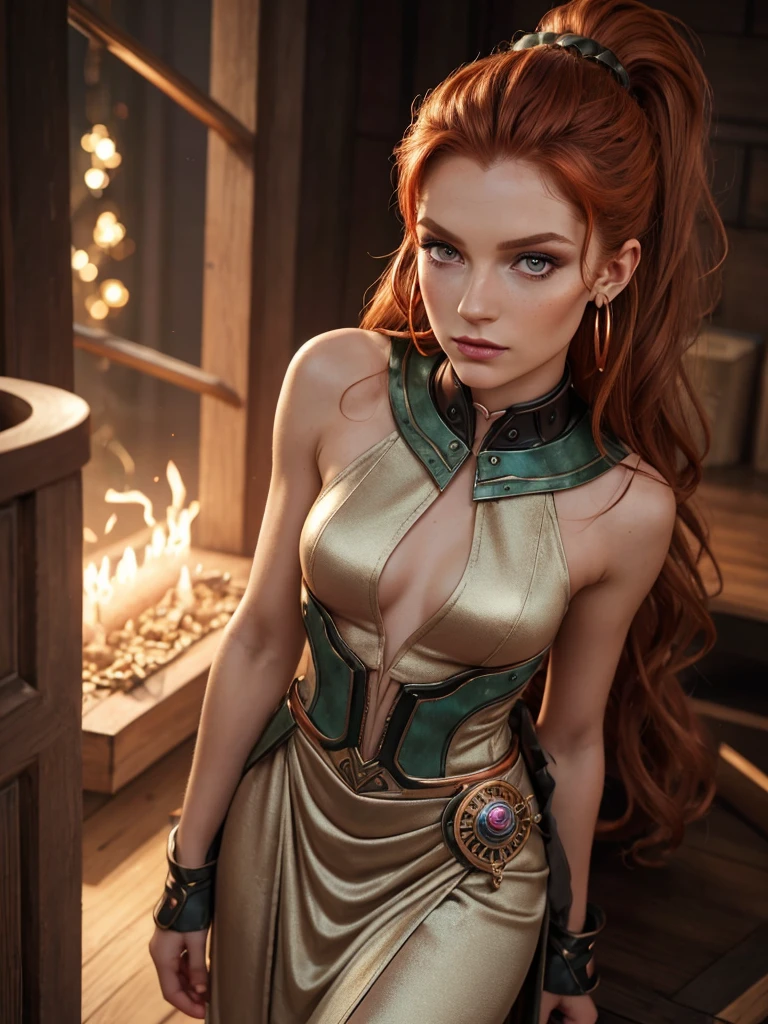 (Realistic:1.2), analog photo, RAW, female sorceress with ginger hair and minuscule clothes, Triss Merigold, fantasy setting in "Witcher" style, full body, soft natural light, cute and sexy, pleasure, detailed face and eyes, better quality, masterpiece, detailed fantasy background with medieval environment, Quality: 16K